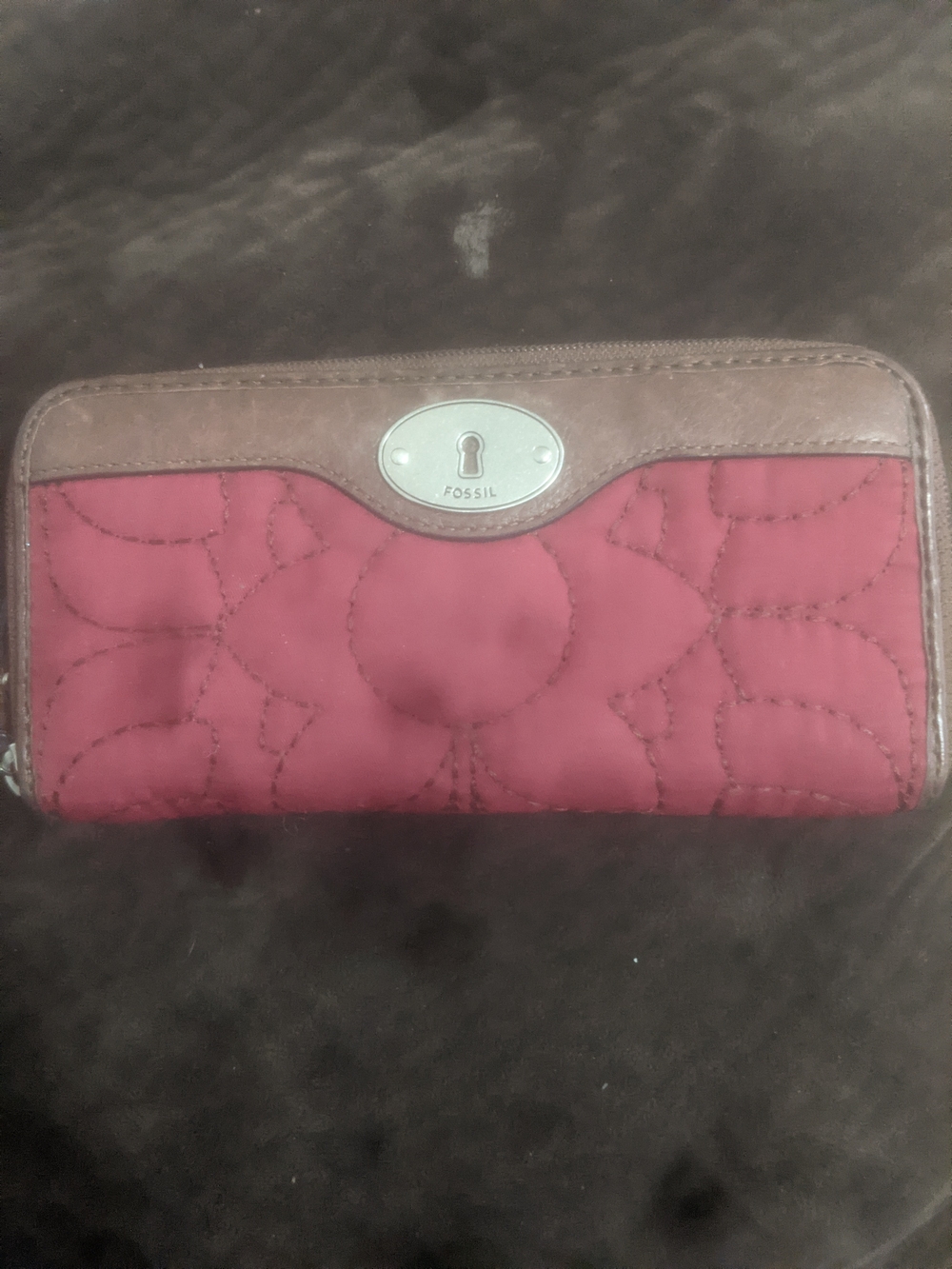Fossil Quilted Pink and Brown Zip Around Wallet